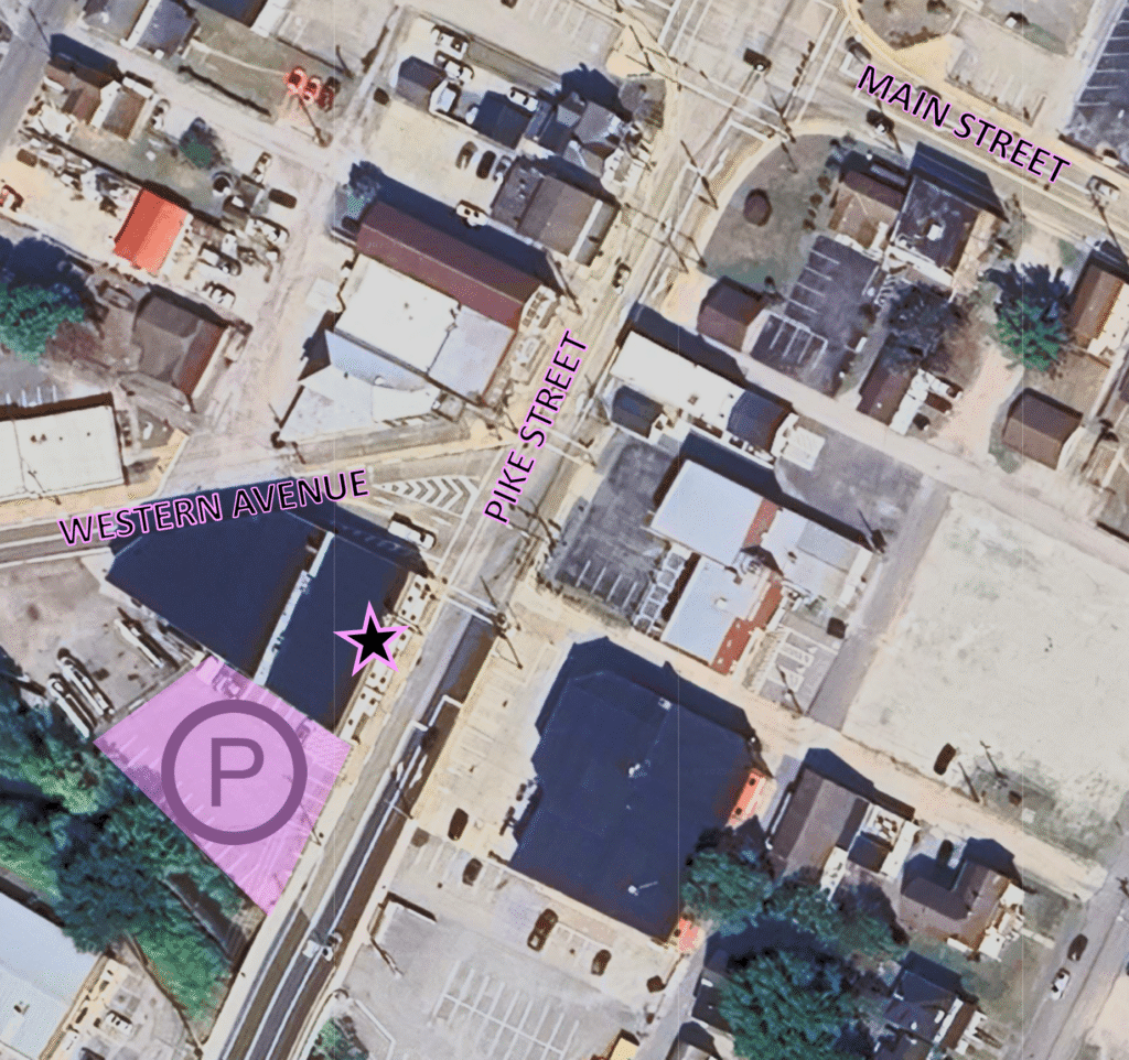 Map showing the new Susan Does Taxes office at 102 West Pike Street in Houston PA with parking highlighted.